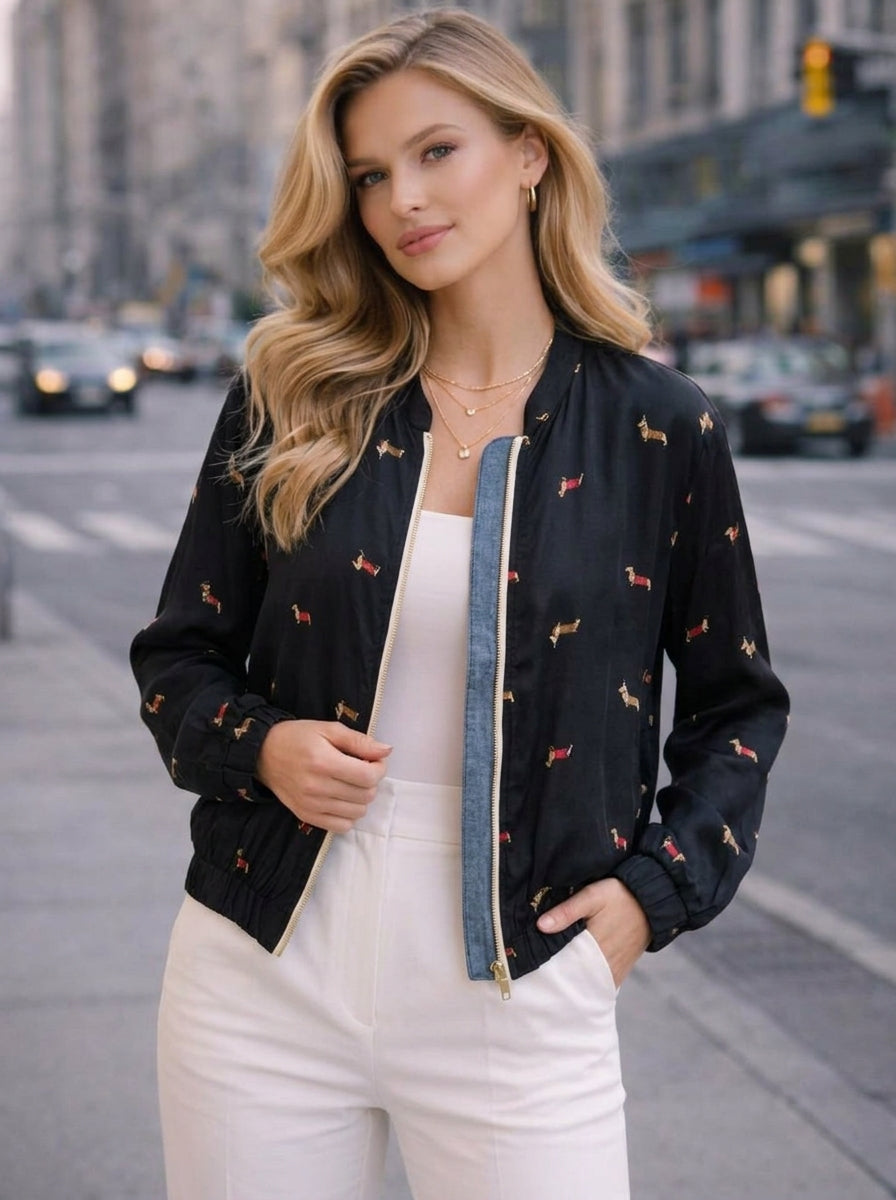 БОМБЕР MYDRESS — принт таксы, цвета: зелёный, чёрный, бежевый