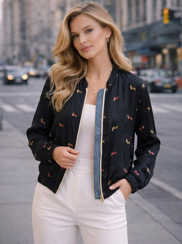 BOMBER MYDRESS — imprimeu teckel, culori: verde, negru, bej