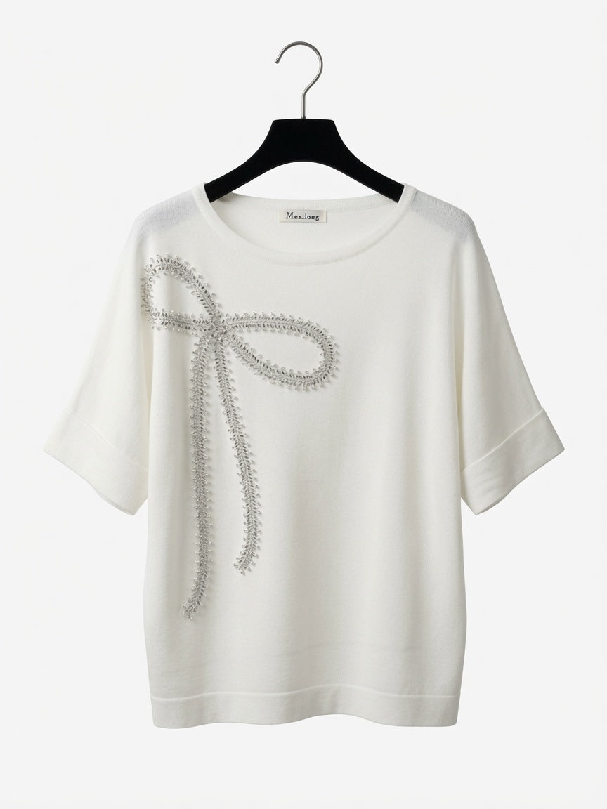 Bluză-tricou elegantă din tricot „Italy” cu fundă strălucitoare