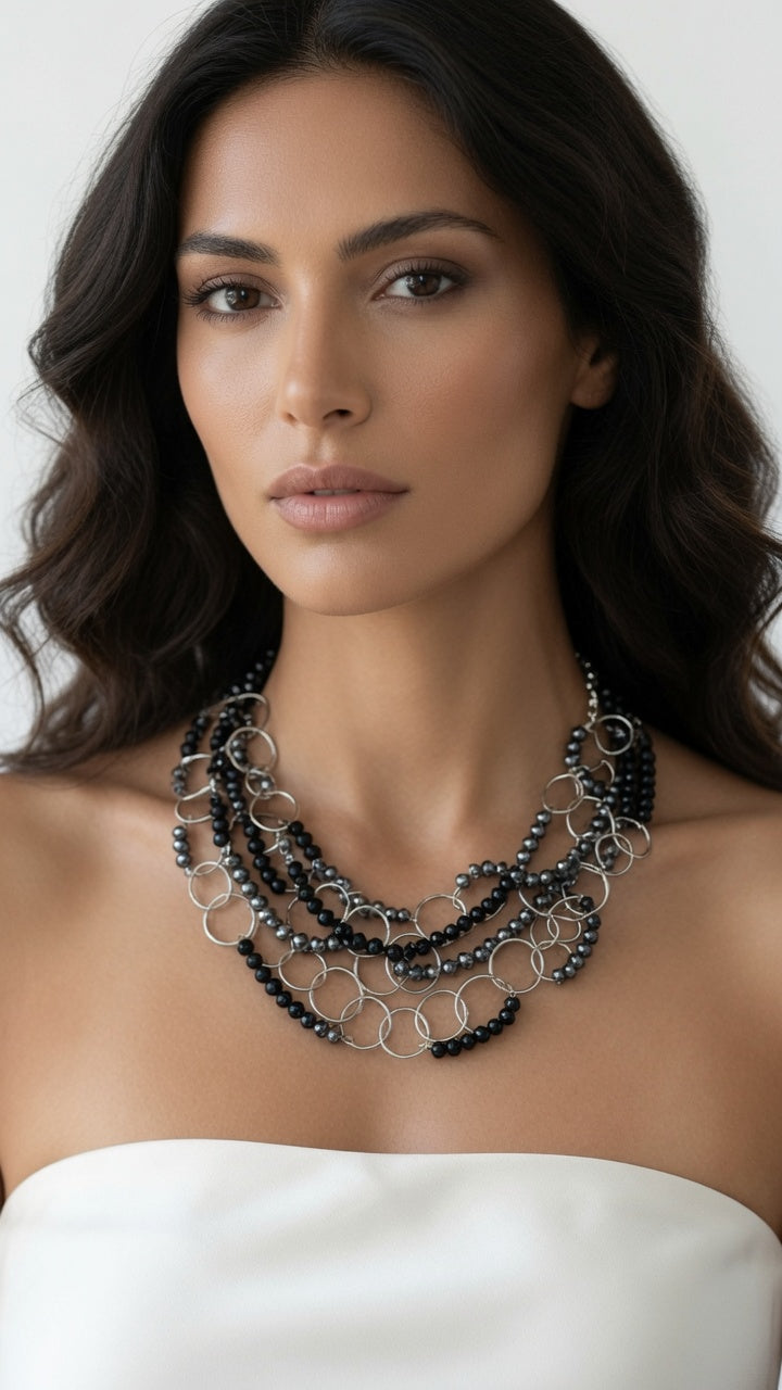 Elegant evening necklace with a striking multi-layered design