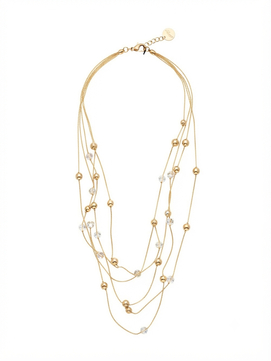 Layered gold-tone necklace with beads and crystals