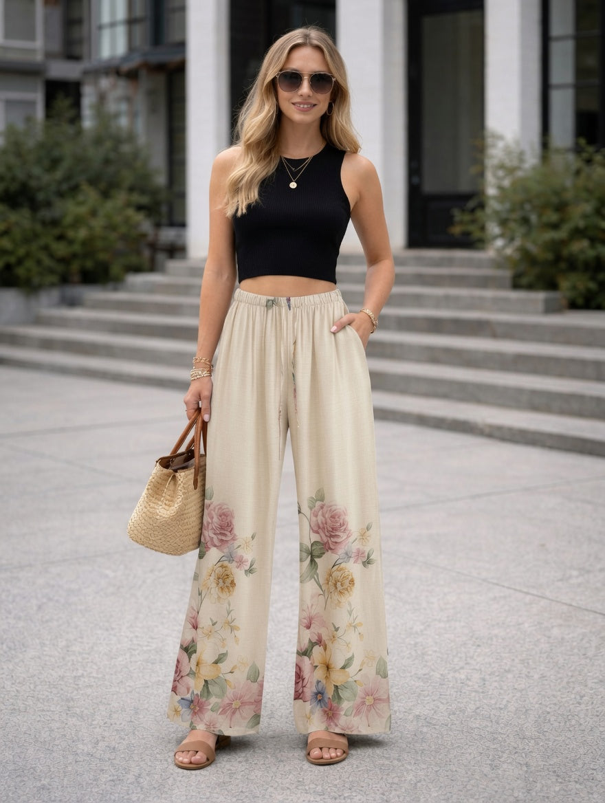 Pantaloni lejeri și mătăsoși cu imprimeu floral MYDRESS