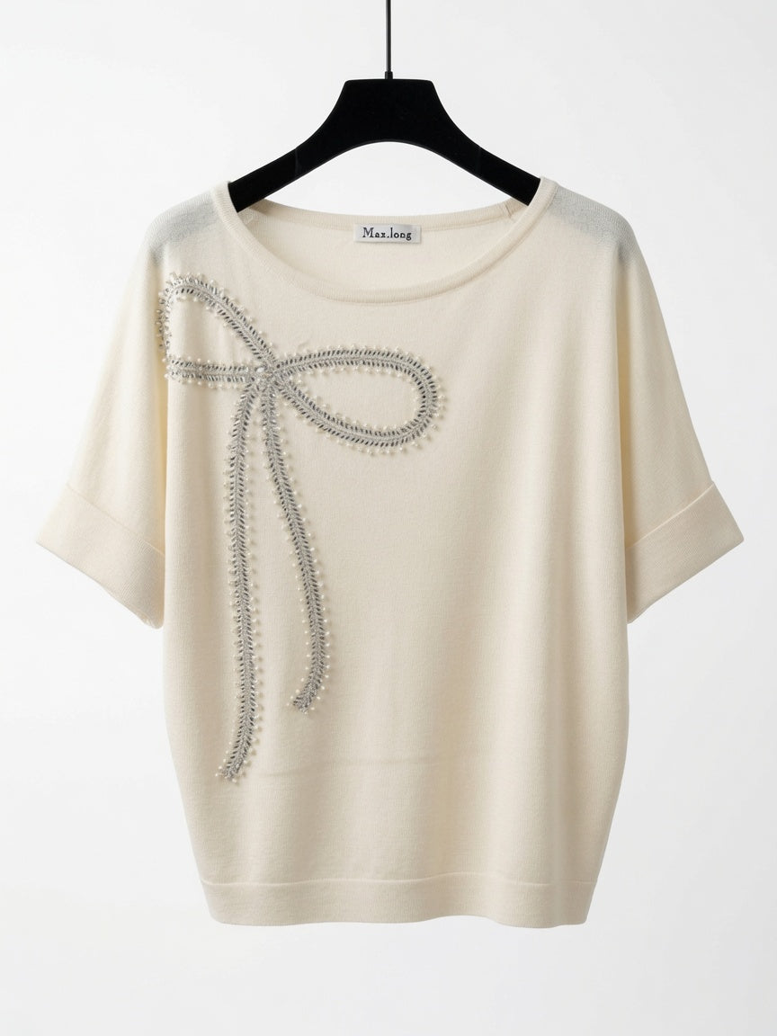 Bluză-tricou elegantă din tricot „Italy” cu fundă strălucitoare