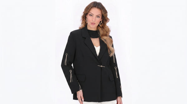 Sacou negru alungit „Rock Glam” cu lanțuri decorative și franjuri