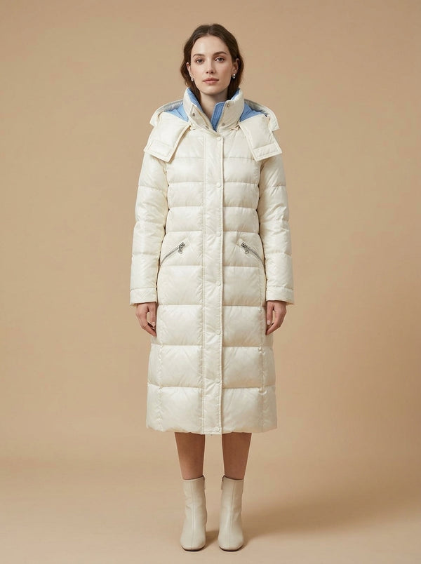 Women's long quilted hooded down coat
