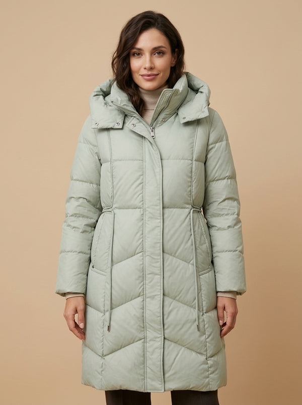 Mint-colored hooded quilted puffer jacket