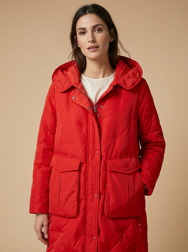 Red quilted hooded jacket
