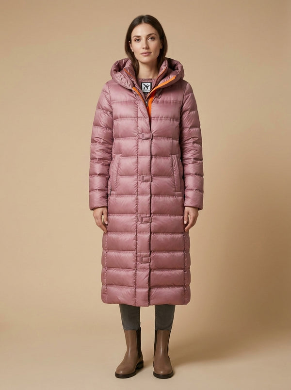 Quilted long coat with a hood