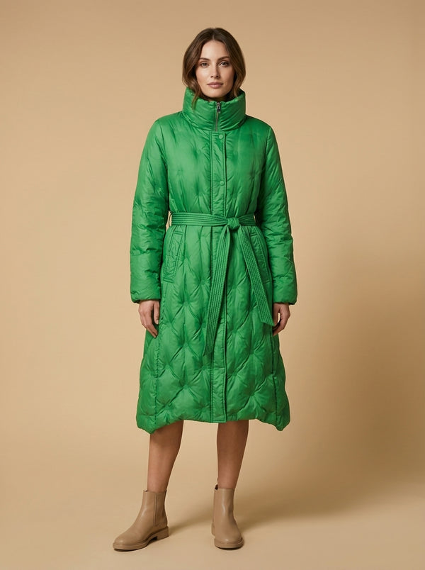 Green quilted belted coat