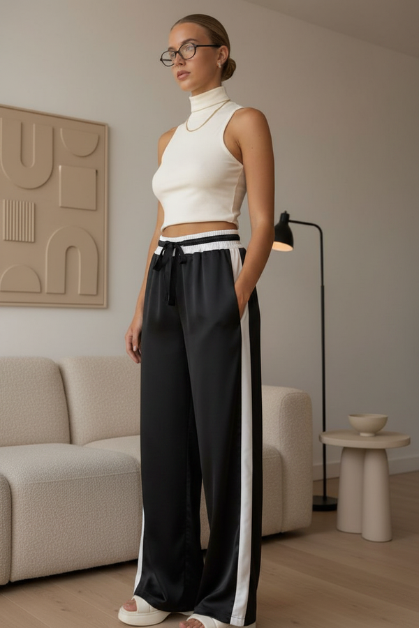 VALÈGE PANTS — black satin with a white waistband