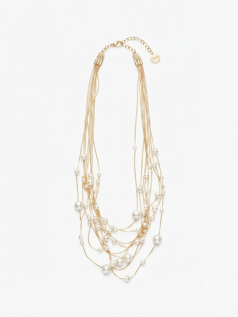 Multi-layered golden necklace with pearl beads