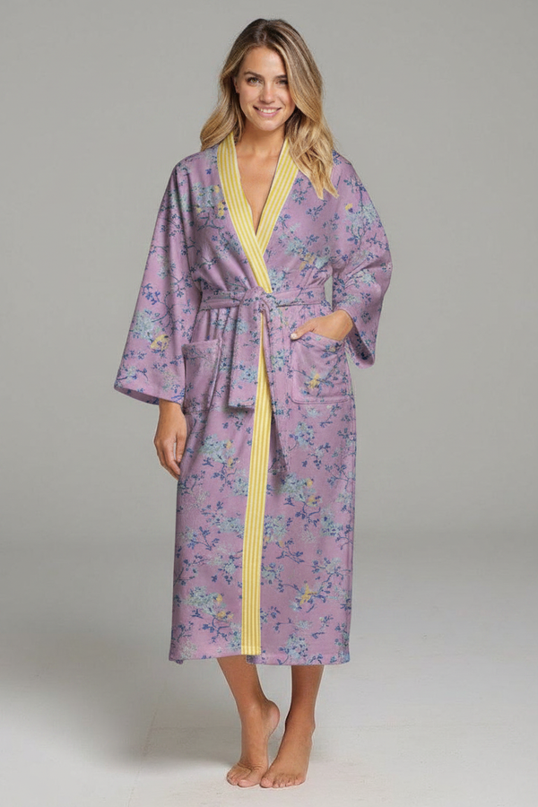 UGG ROBE — lilac with floral print and yellow stripes