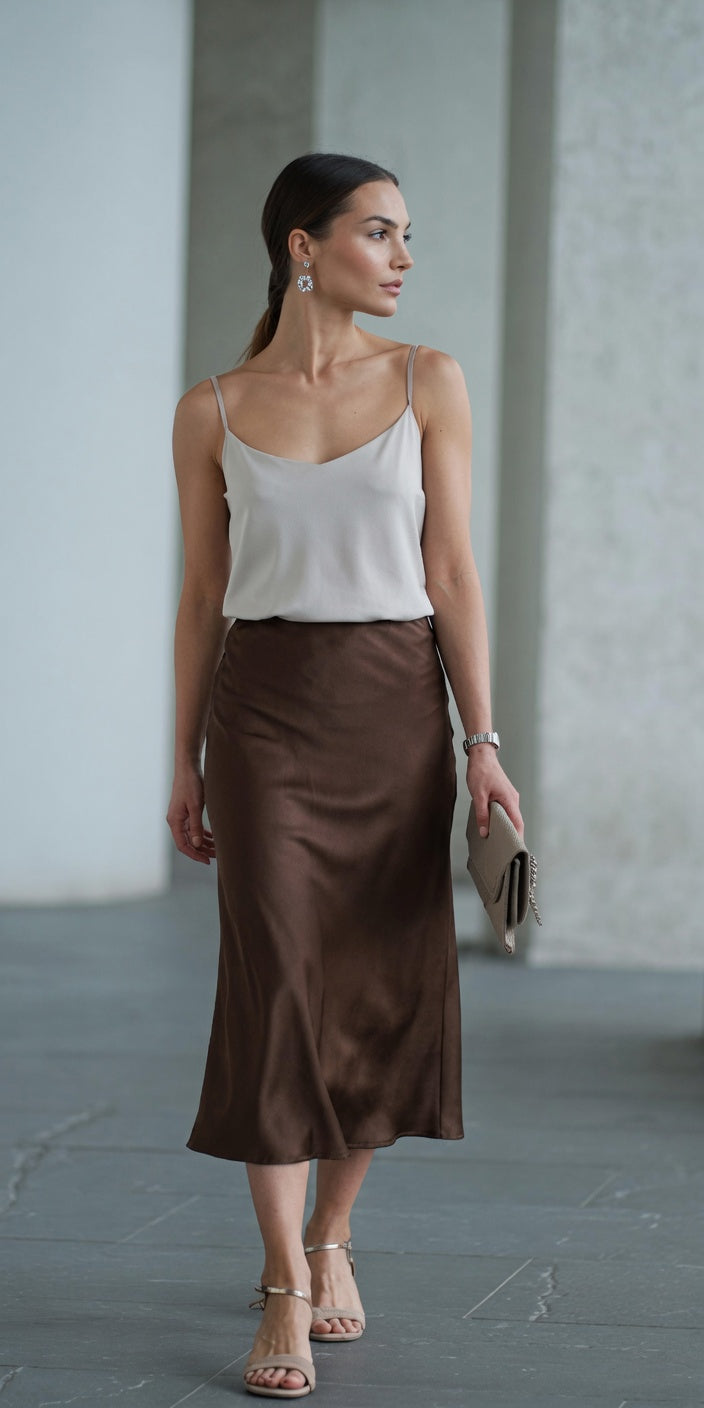 Fustă midi elegantă din satin „My Star” în nuanță de ciocolată
