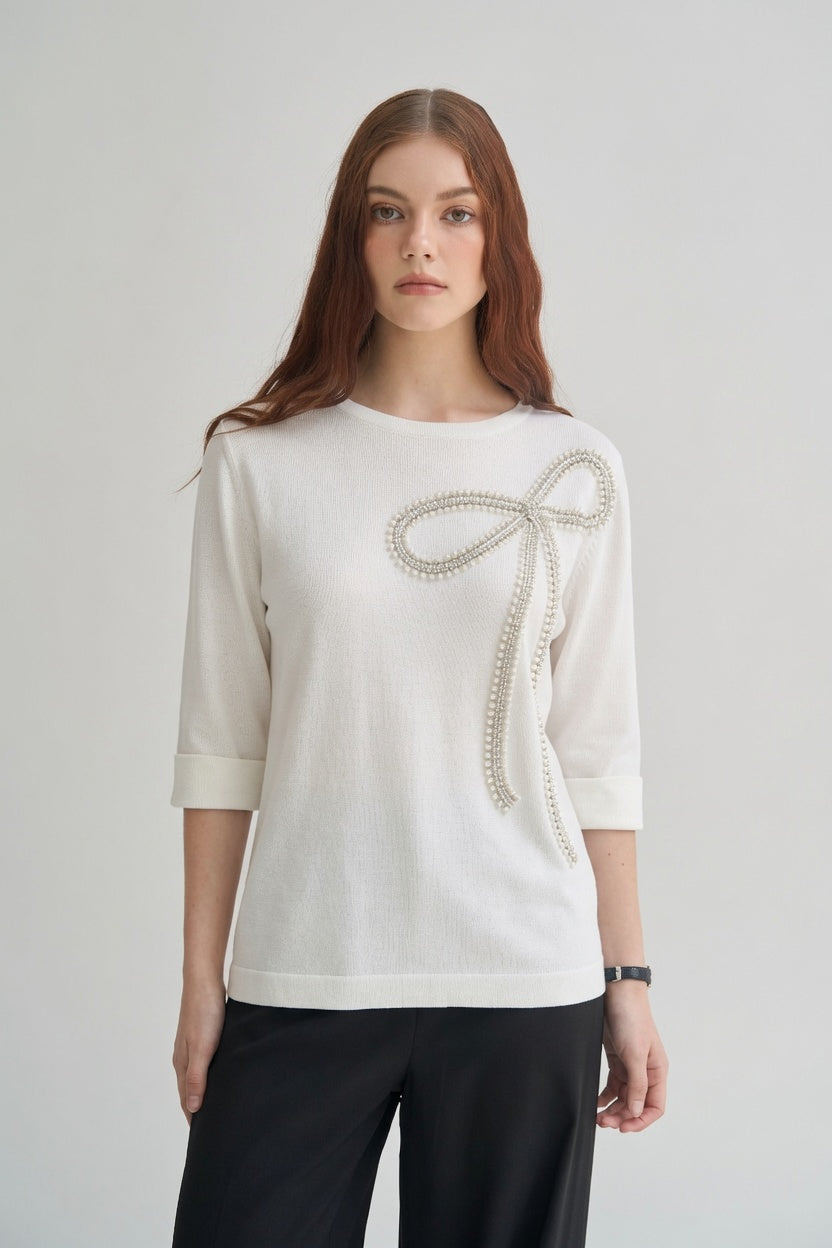 Bluză-tricou elegantă din tricot „Italy” cu fundă strălucitoare