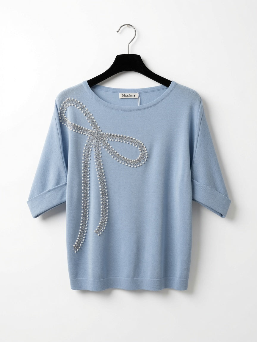 Bluză-tricou elegantă din tricot „Italy” cu fundă strălucitoare